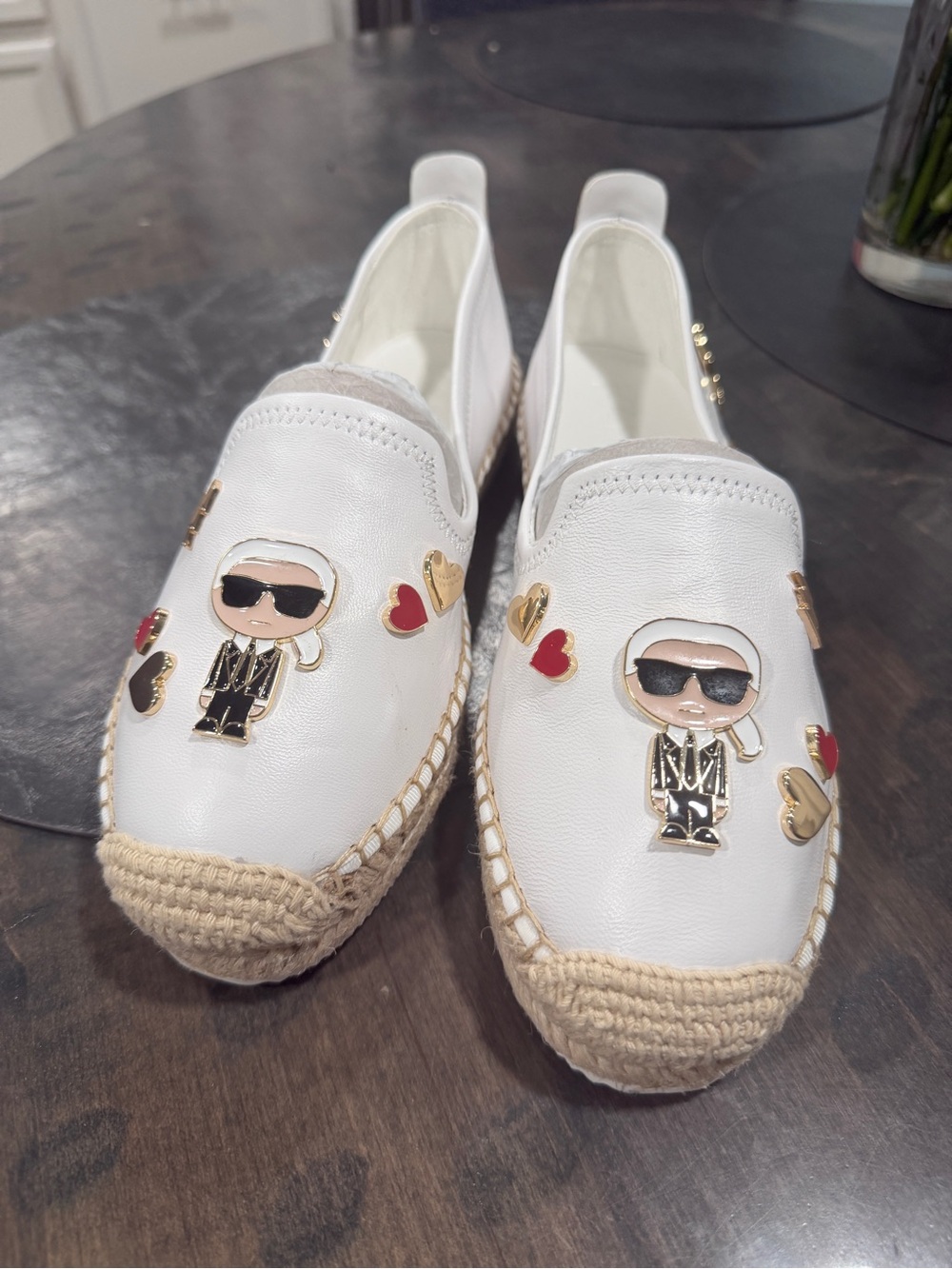 Karl Lagerfeld White Espadrille Slip-On Shoes with Gold & Red Accents